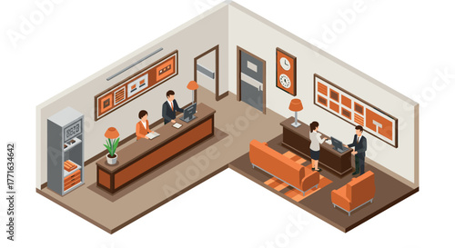 Modern isometric office lobby interior with reception area and meeting zone