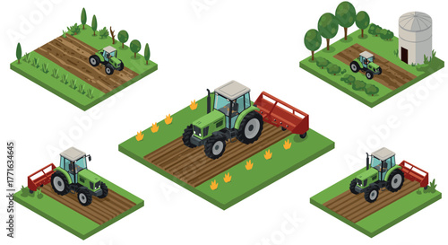 Isometric farming scenes with green tractors and fields