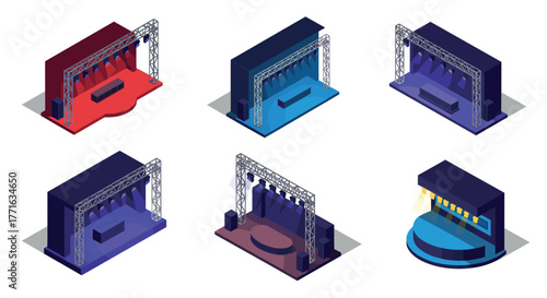 Isometric concert stage designs with vibrant lighting and unique layouts