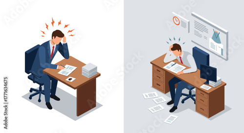 Isometric office stress: two scenarios of businessman facing job pressure