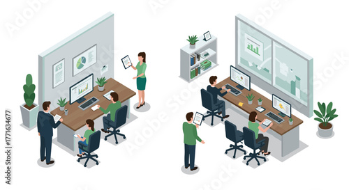 Modern office workspace isometric design featuring team collaboration and digital technology