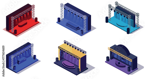 Variety of isometric concert stages with lighting and colorful backdrops