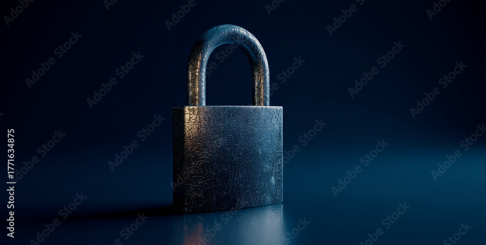 Fototapeta premium Close-up of a single metal padlock on a dark gradient background. Symbolic image representing security, protection, privacy, and data safety in a modern digital context.