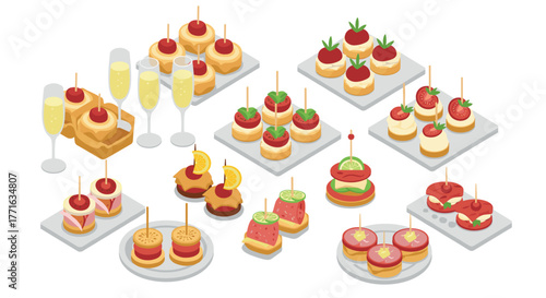 Isometric canapes and appetizers selection with sparkling drinks on plates