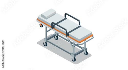 Hospital emergency medical gurney with mattress and rails in isometric view