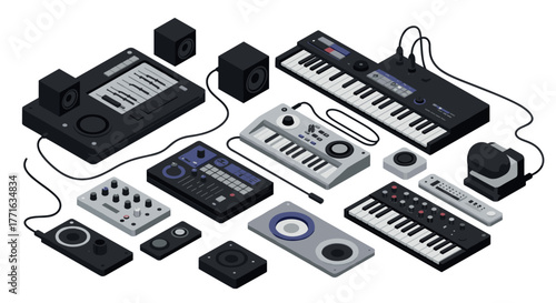 Isometric electronic music setup with synthesizers and mixers