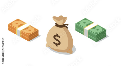 Isometric money piles with cash bag on white background