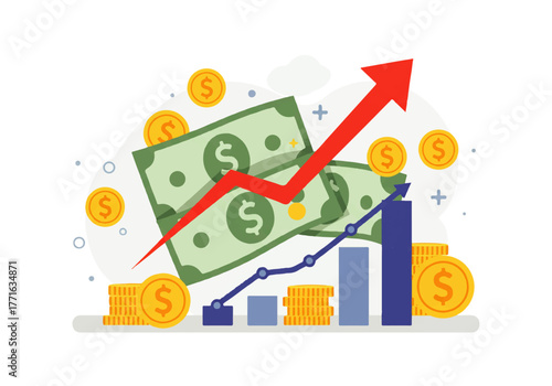 Illustration showing financial growth with a red arrow pointing upwards, stacks of coins, dollar bills, and a rising bar graph.