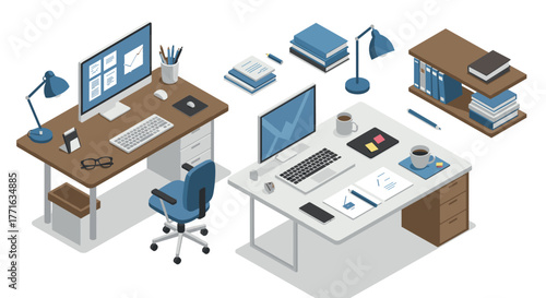 Modern isometric home office setup with dual desks and digital devices