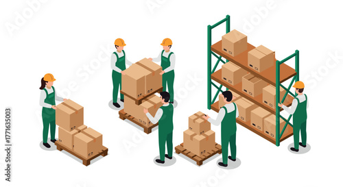 Warehouse workers organizing cardboard boxes on racks and pallets in isometric style