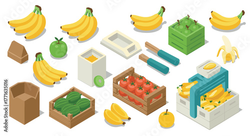 Isometric grocery fruit collection with bananas, tomatoes, kiwi, and packaging