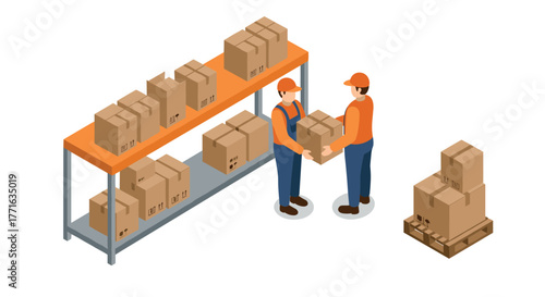 Workers handling boxes in warehouse isometric design
