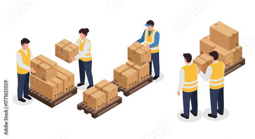 Warehouse workers handling packages on pallets in an isometric style