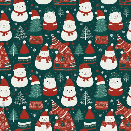 Seamless cute pattern with New Year white cats and Christmas elements. Traditional winter holiday decoration, trees, hats, gifts and snowflakes flat illustration background.