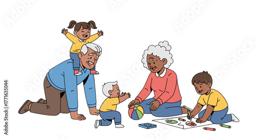 Family play time, grandparents and grandchildren.