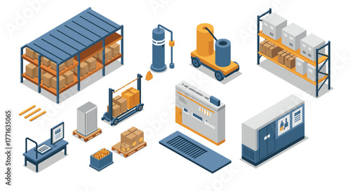 Isometric warehouse logistics elements: storage, packing, and industrial equipment