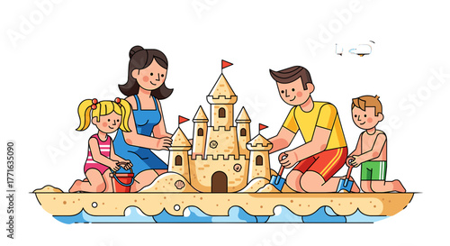 Family building sandcastle on the beach