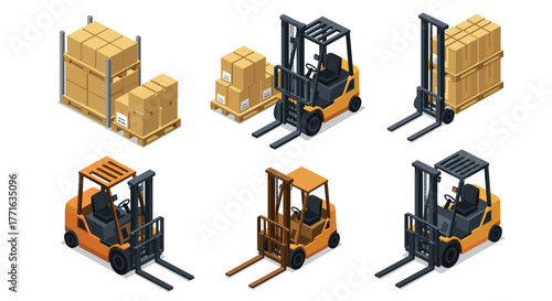 Isometric forklift and pallet set in warehouse environment