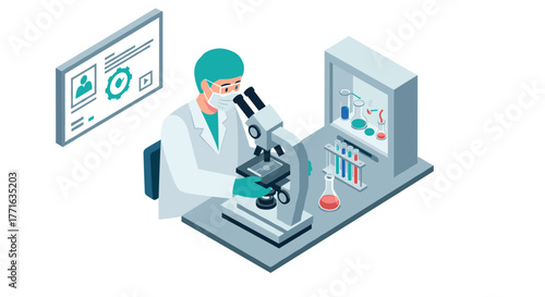 Scientist using microscope in modern laboratory with safety gear