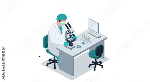 Scientist examining sample in laboratory with microscope on desk in isometric design