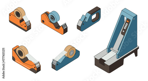 Isometric office tape dispensers collection in assorted colors and designs