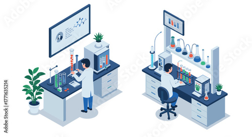 Isometric laboratory scene with scientists working on experiments in modern research facility