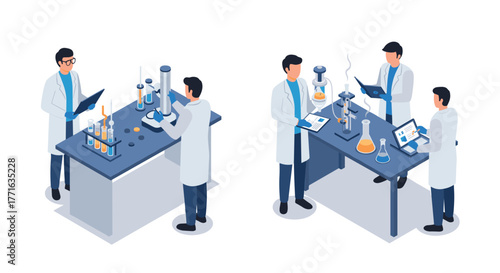 Isometric scientists conducting experiments in modern laboratory setting