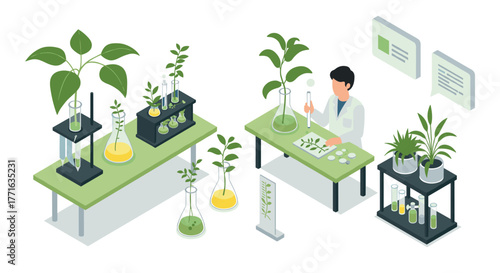 Laboratory scientist cultivating plants in modern isometric greenhouse environment