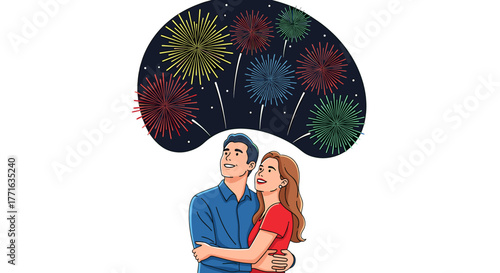 Couple watches a fireworks display.