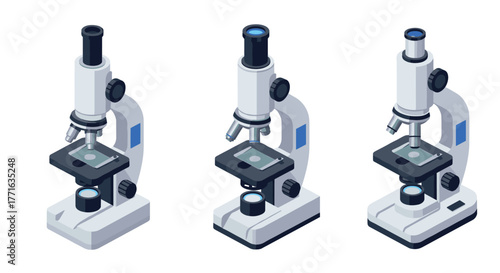 Isometric microscope set: laboratory equipment in detailed 3d style