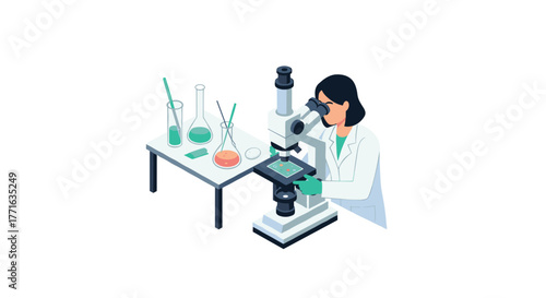 Scientist using microscope in laboratory with glassware in isometric design