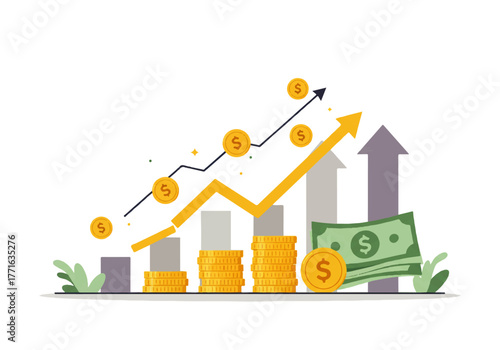 Illustration showing financial growth with rising graph lines, stacked coins, dollar bills, and ascending bar charts on a white background.