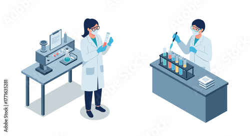 Scientists conducting experiments with lab equipment in isometric style