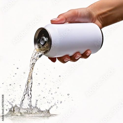Person holds a white can pouring liquid, with splashing on a clean transparent background, s.jpg