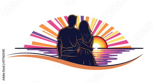 Romantic couple watching sunset at the beach.