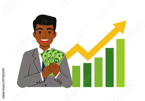Illustration of a smiling African American businessman holding a wad of cash in front of a rising green bar graph with a yellow arrow pointing upwards.