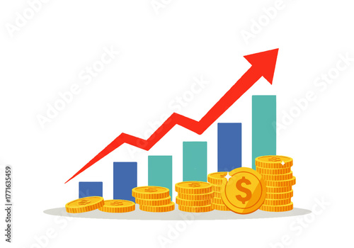 Upward trending graph with blue and green bars and a red arrow, accompanied by stacks of gold coins.