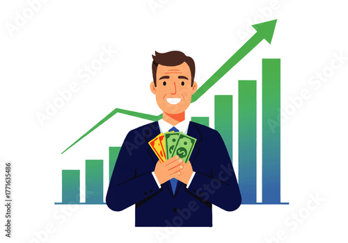 Smiling man in a suit holding money with a rising graph in the background, representing financial success.