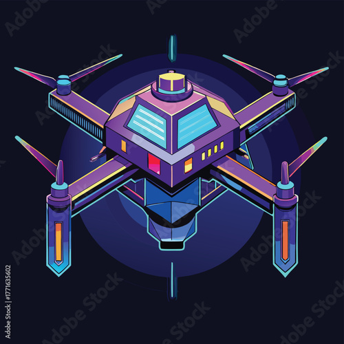 Futuristic neon purple and blue quadcopter drone illustration