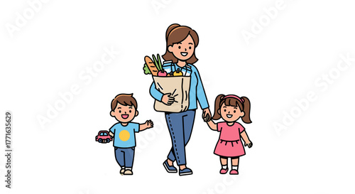 Mother and her two children grocery shopping.
