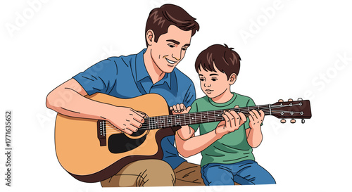 Father teaching son to play guitar