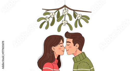 Couple kissing under mistletoe.