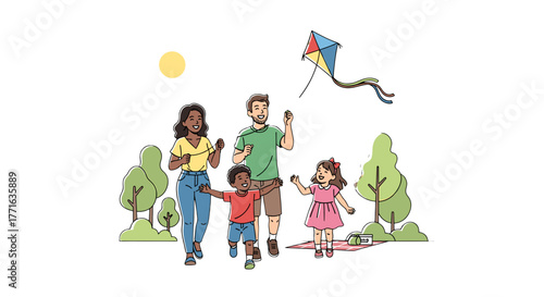 Family playing with kite