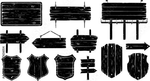 Wooden boards. Rustic wooden signboard, empty banners, hanging billboard and retro wood signs vector illustration icons set. Board wooden vintage, road banner panel arrow