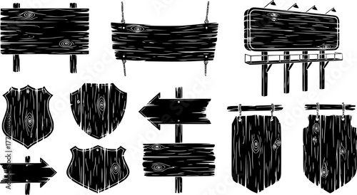 Wooden boards. Rustic wooden signboard, empty banners, hanging billboard and retro wood signs vector illustration icons set. Board wooden vintage, road banner panel arrow
