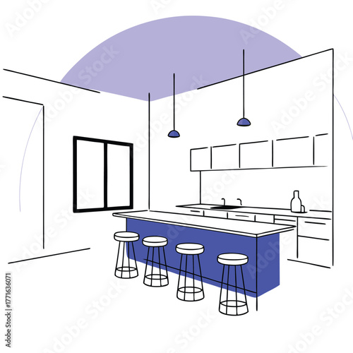Modern kitchen design with blue island and pendant lighting