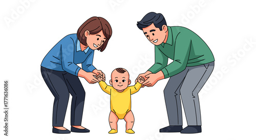 Parents assisting baby's first steps