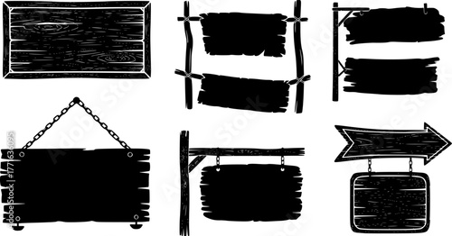 Wooden boards. Rustic wooden signboard, empty banners, hanging billboard and retro wood signs vector illustration icons set. Board wooden vintage, road banner panel arrow
