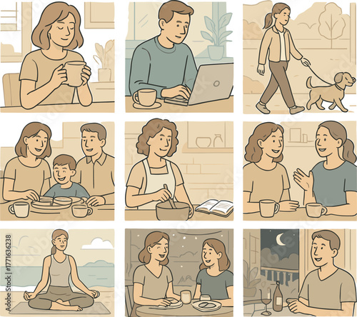 Daily lifestyle and happy moments vector illustration set