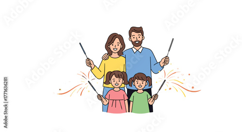 Family with sparklers, celebrating happiness.